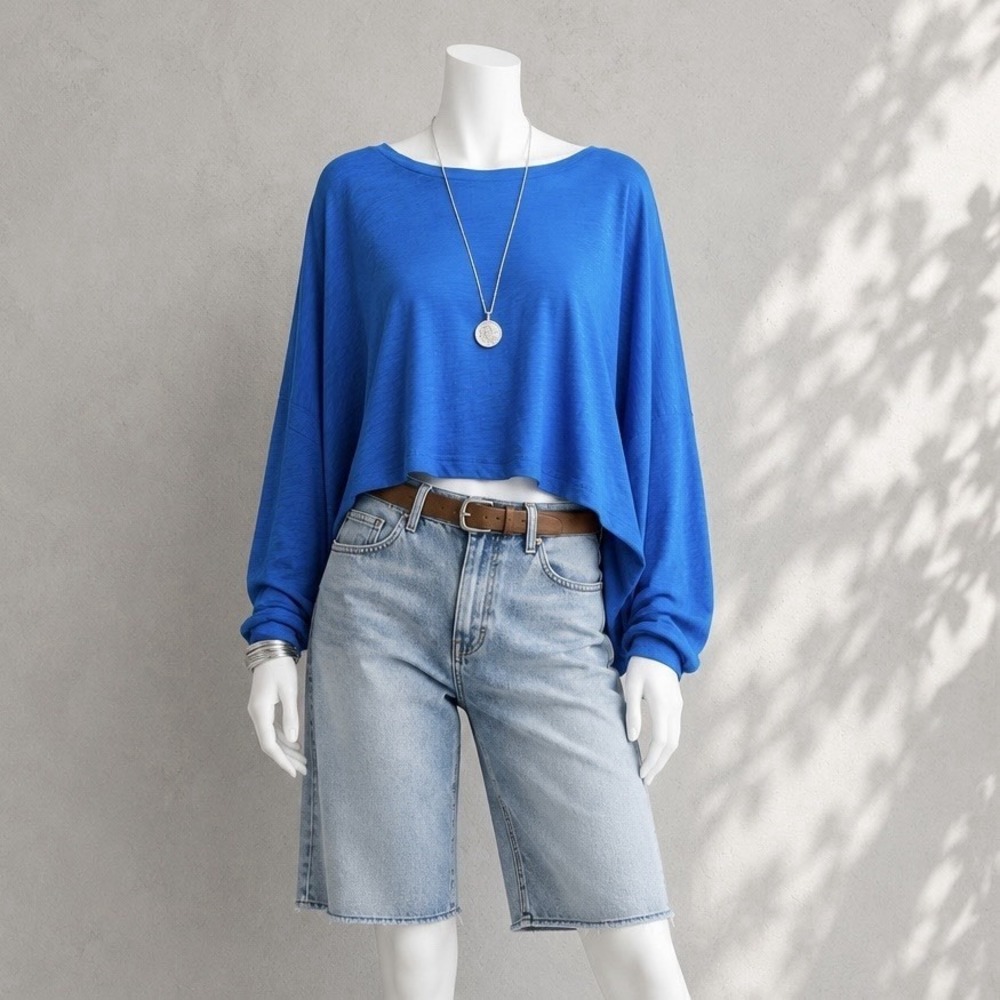Pitusa Basic Long Sleeve Cropped Top M Blue Oversized Cotton Modal Pullover